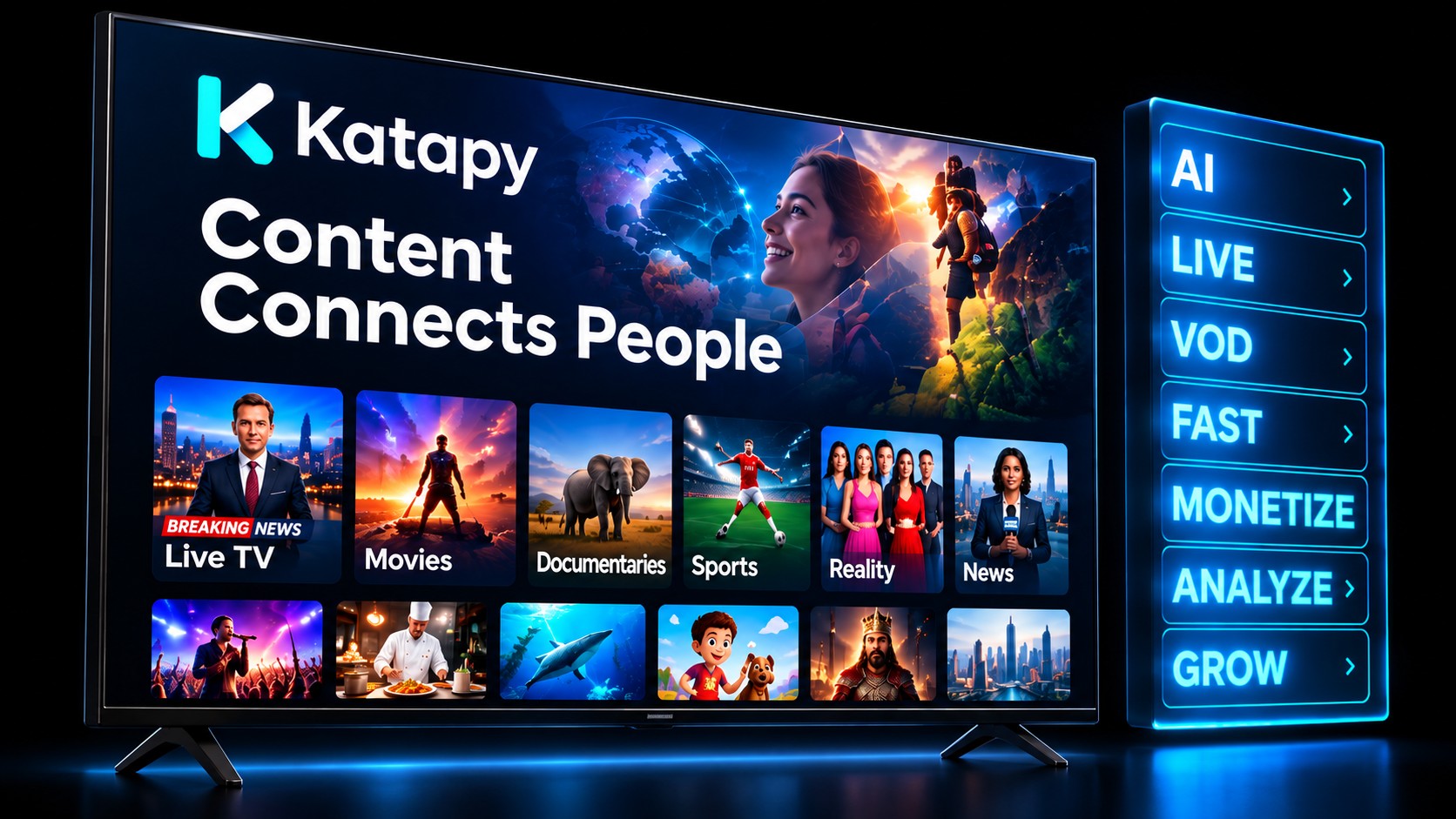 Katapy-powered streaming apps running on a TV, laptop, tablet and phone