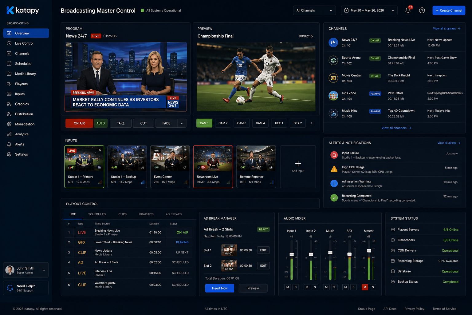 Katapy live control room dashboard showing a live sports broadcast, viewer stats and stream health