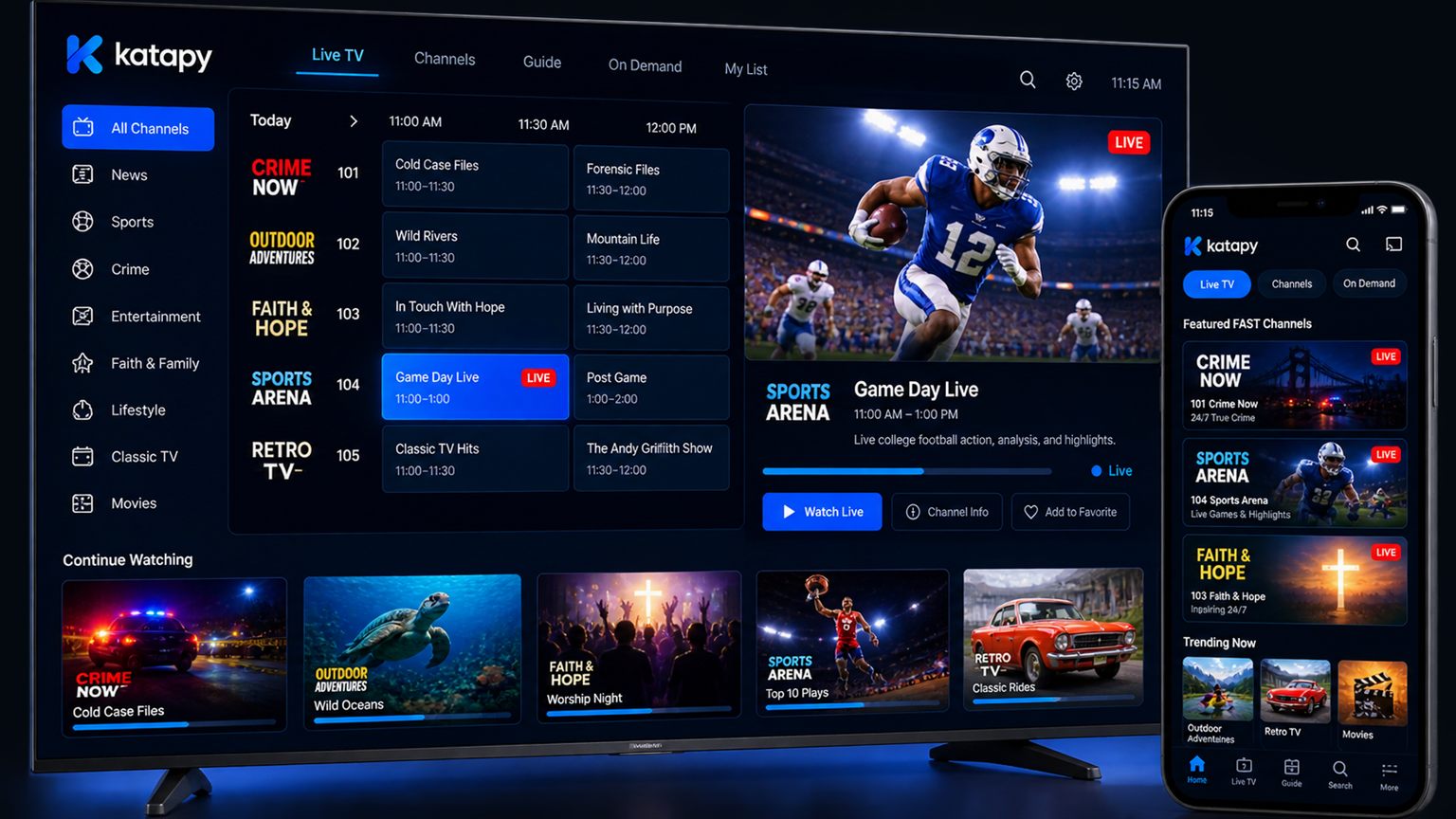 A Katapy-powered channel guide running on a smart TV and phone